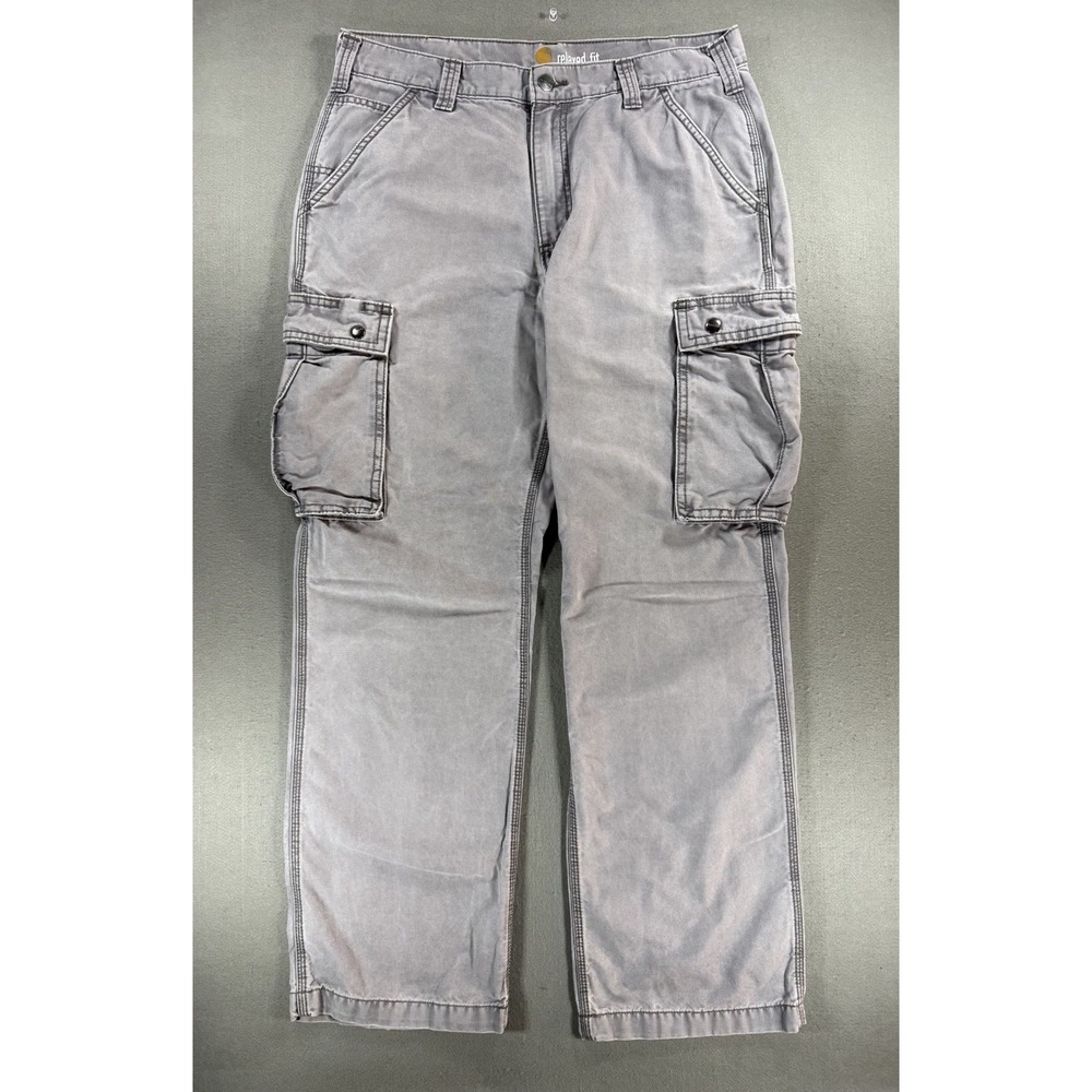 Mens Carhartt Gray Rugged Cargo Pants Size 34x32 Relaxed Fit Workwear